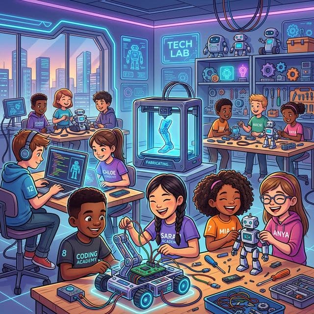 Kids building robots and coding at AI Valley lab