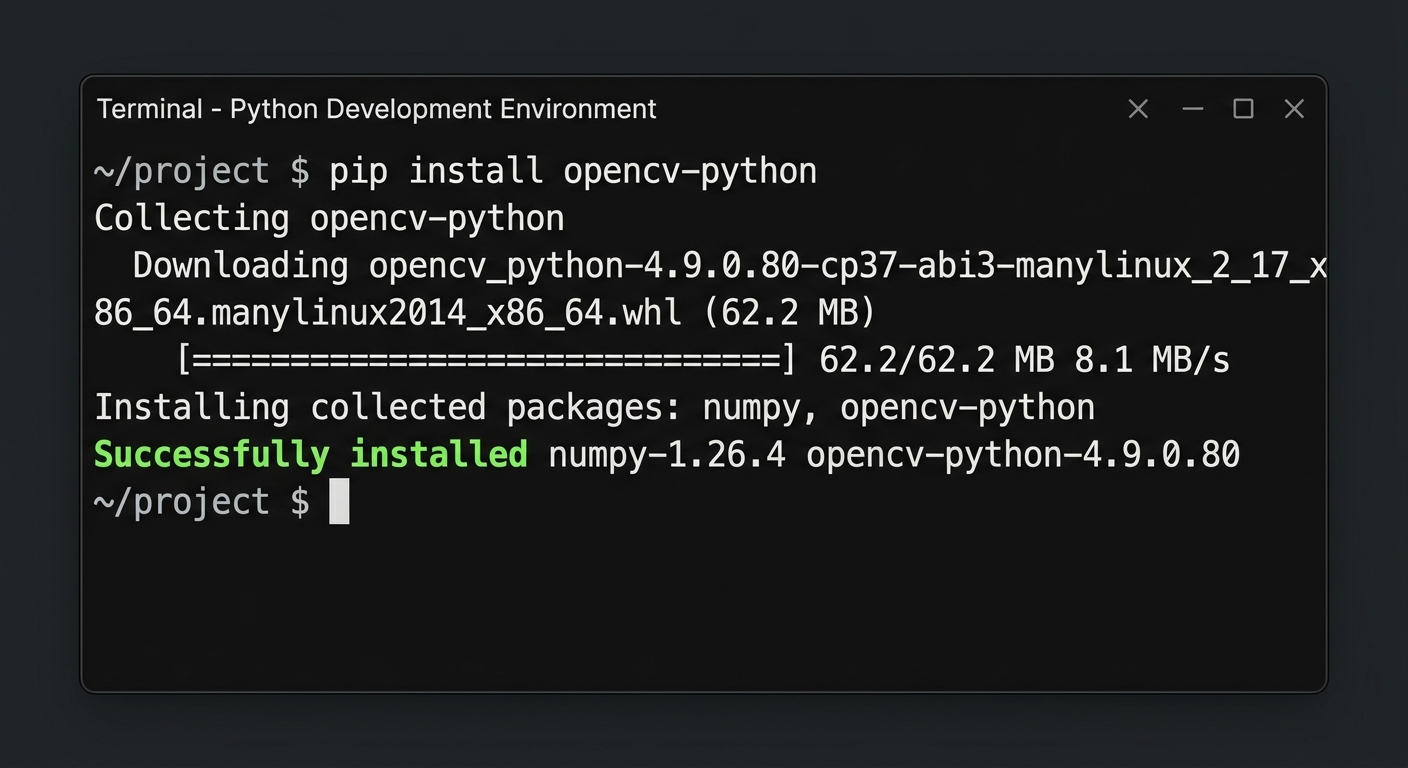 A screenshot of a computer screen showing the VS Code editor terminal window where the pip install opencv-python command is successfully running.