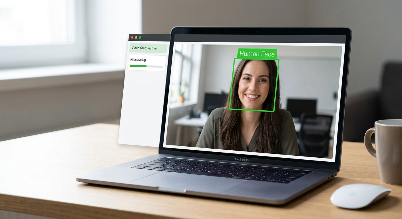A screenshot of the finalized application running, showing a smiling student looking at their laptop camera with a bright, thick green rectangle tracking their face.