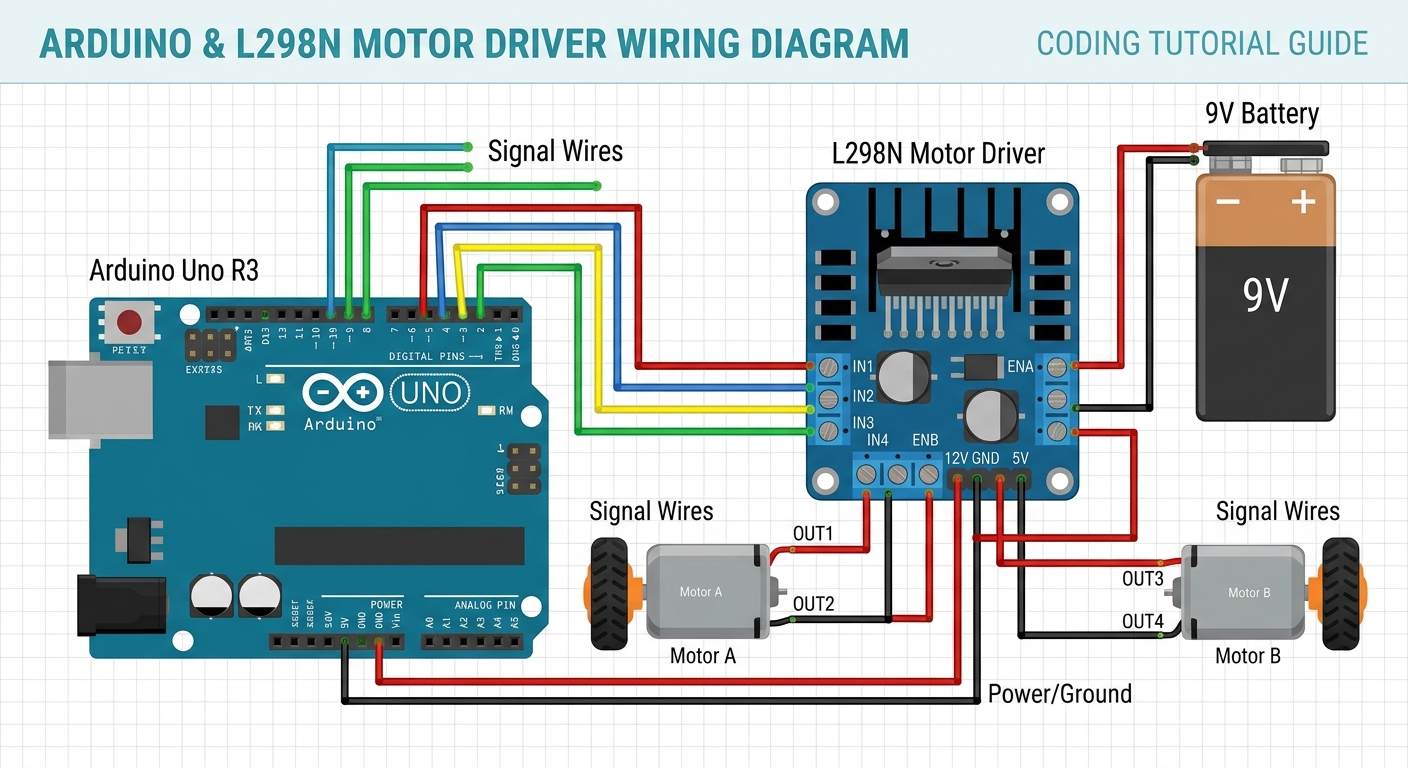 A wiring diagram showing connections between Arduino Uno and L298N motor driver
