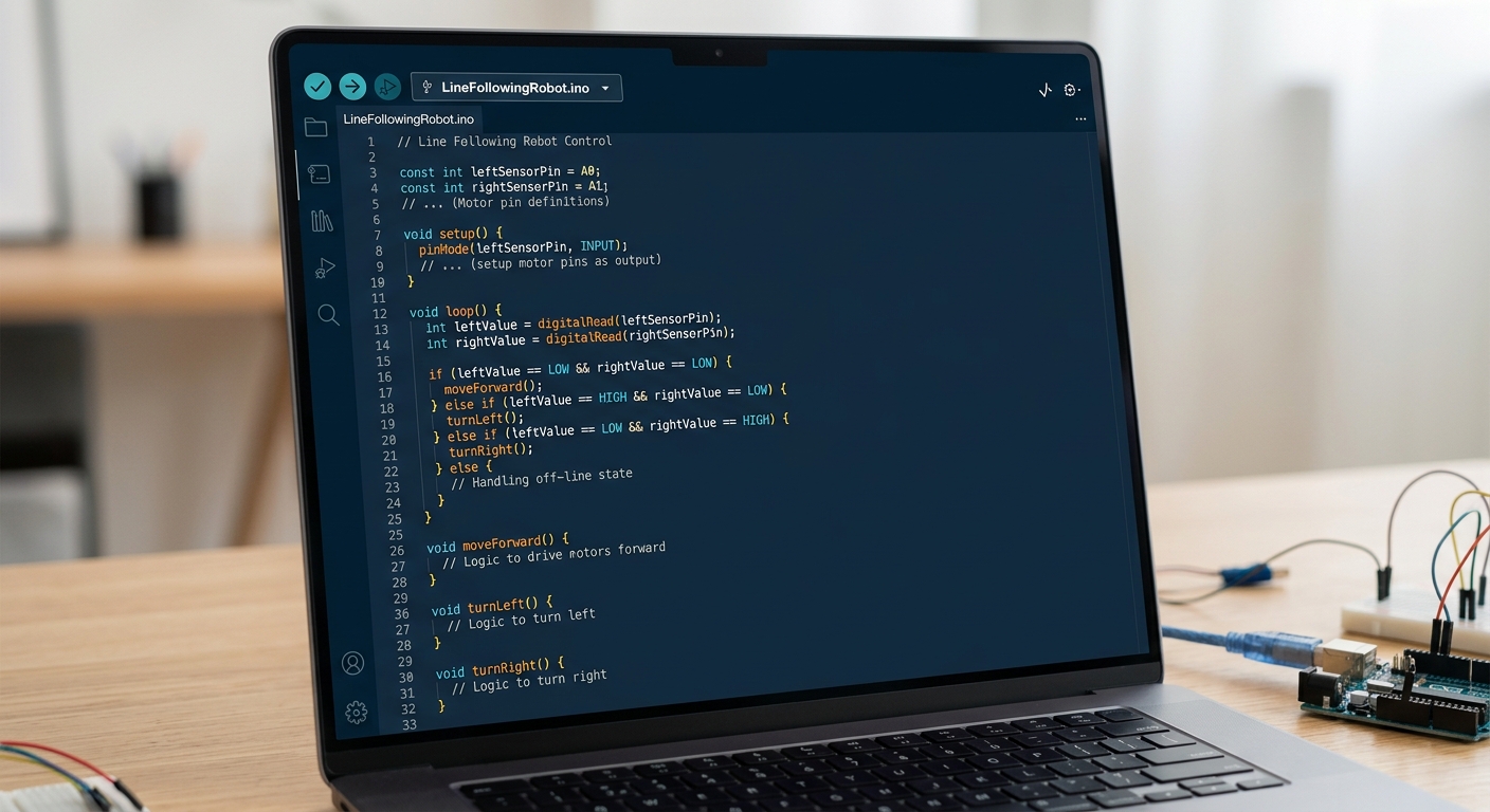 The Arduino IDE showing the complete line-following robot code