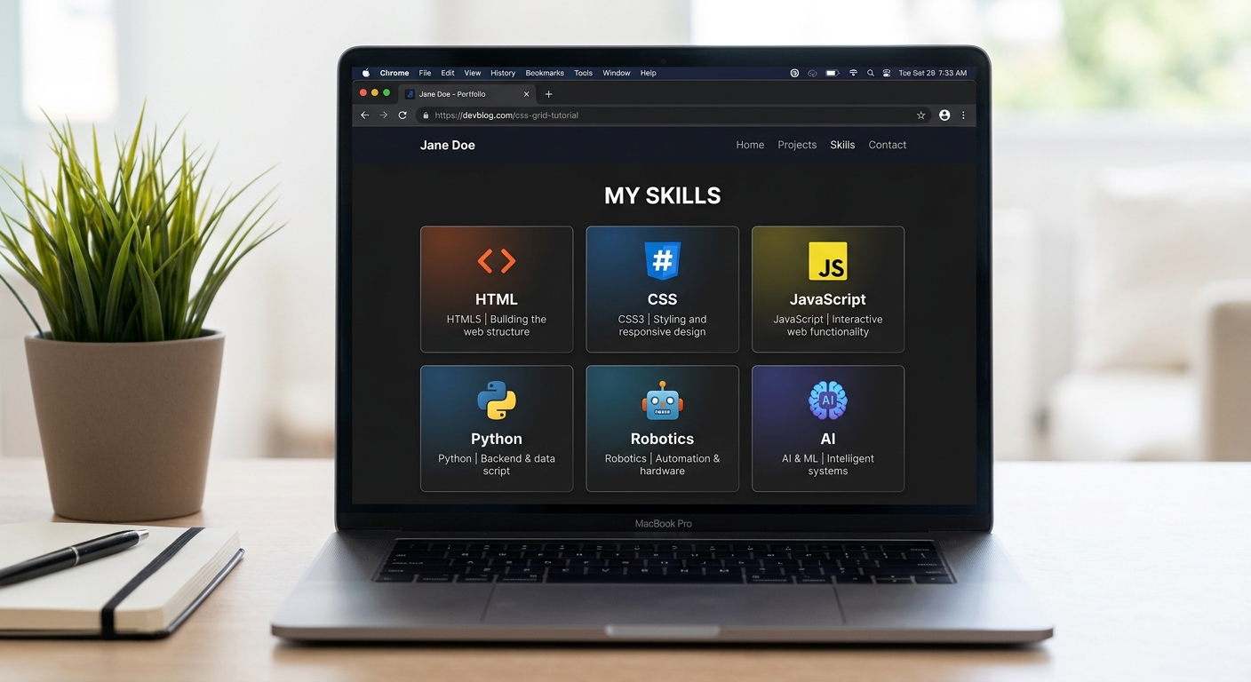 A browser showing six skill cards arranged in a 3-column grid with hover effects