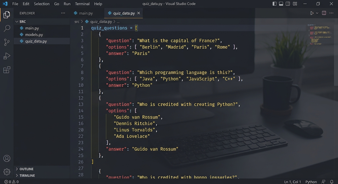 A code editor showing Python dictionary structures with quiz questions