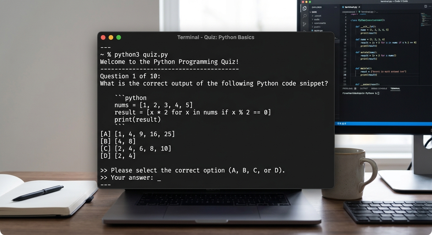 A terminal showing a quiz question with multiple choice options displayed