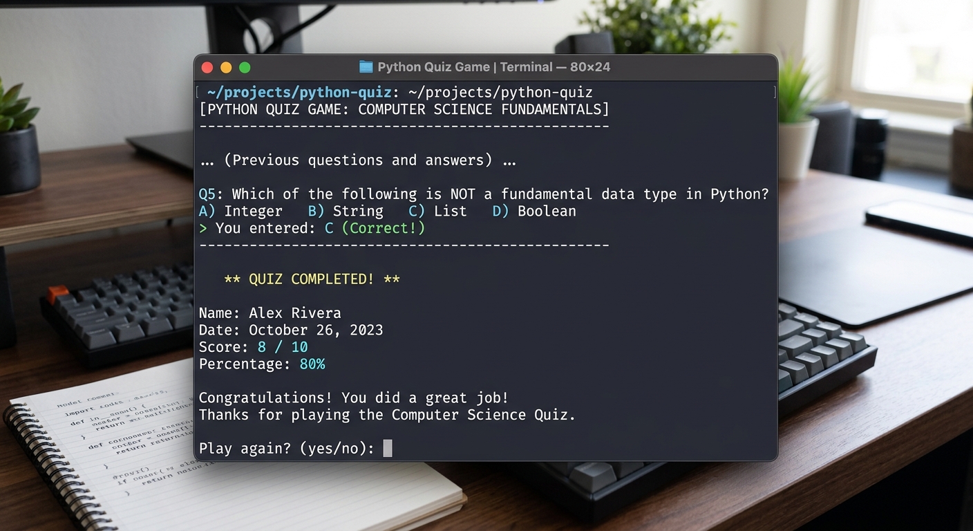 A terminal showing the final score screen with a play-again prompt