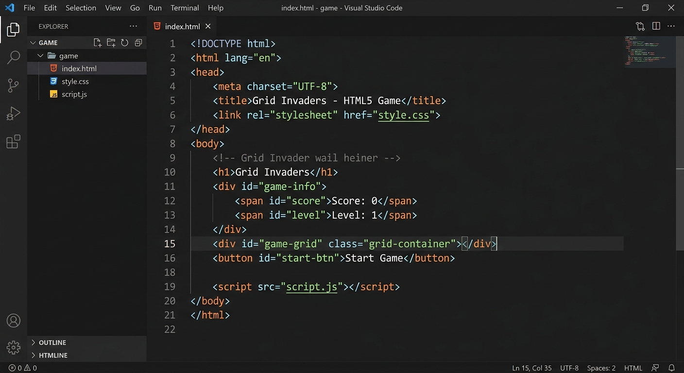 A screenshot of a code editor showing the basic HTML5 boilerplate structure with a heading, score, timer, and a grid container