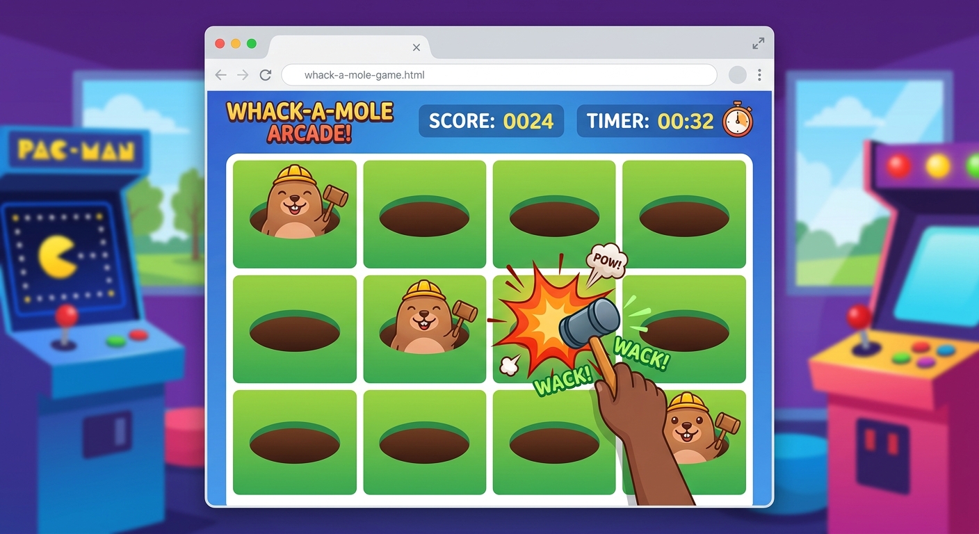 The browser game showing the score updated to 1, and an explosion emoji (💥) appearing exactly where the user clicked the hamster