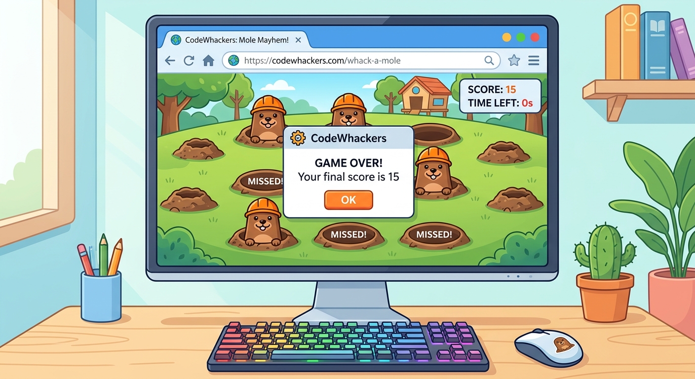 A browser alert box popping up over the game screen that says 'GAME OVER! Your final score is 15' with the timer at 0