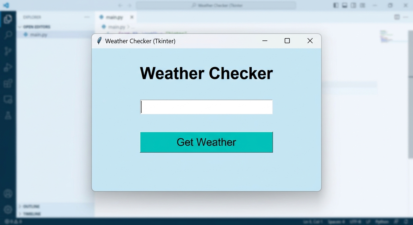 A screenshot of the Tkinter window showing a text input box, a 'Get Weather' button, and placeholder text for the weather results.