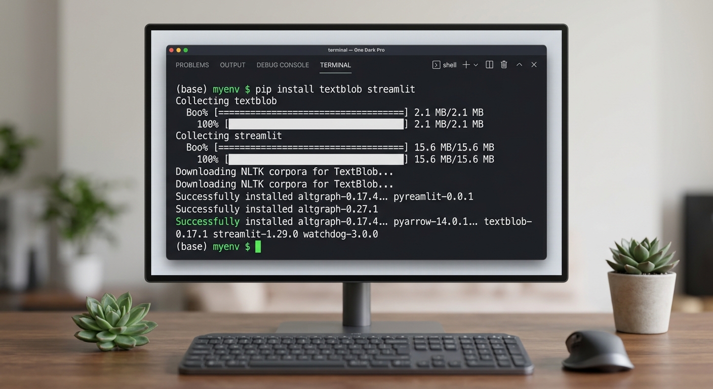 A screenshot showing a computer terminal with the pip install command running successfully, displaying download progress bars.