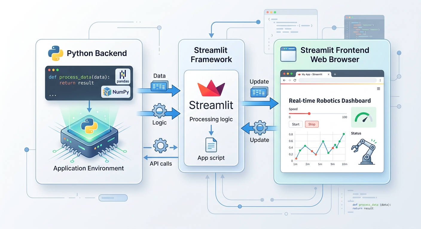 A diagram showing how Streamlit connects a backend Python script to a frontend web browser interface.