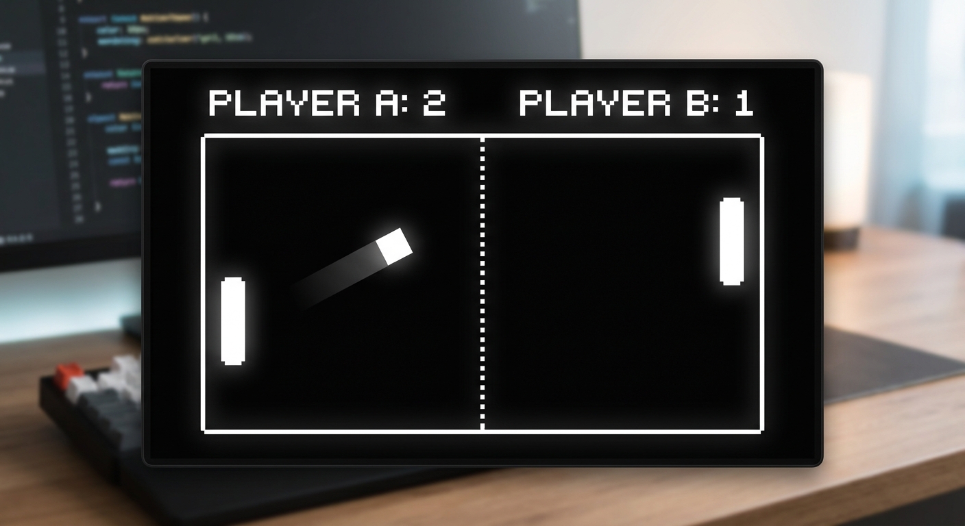The final completed Pong game screen showing a score of 'Player A: 2 Player B: 1' written in white text at the top center of a black screen, with paddles and a ball in motion.