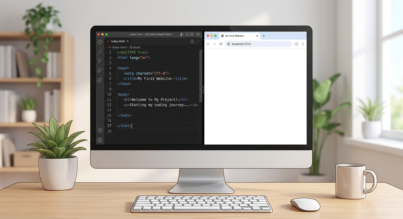 A screenshot of a blank HTML file setup in VS Code showing the boilerplate code and the canvas element.