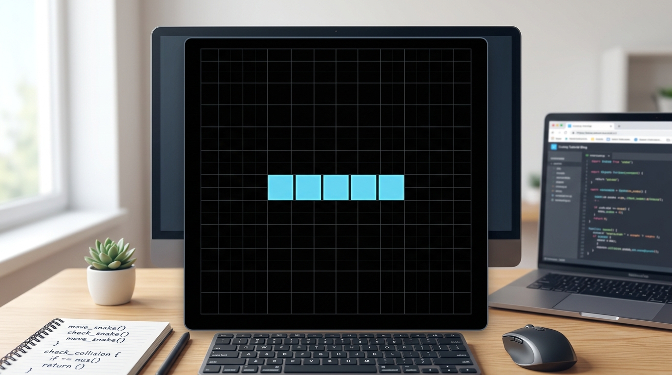 A screenshot showing a static light-blue snake made of 5 square blocks drawn in the center of the black canvas.