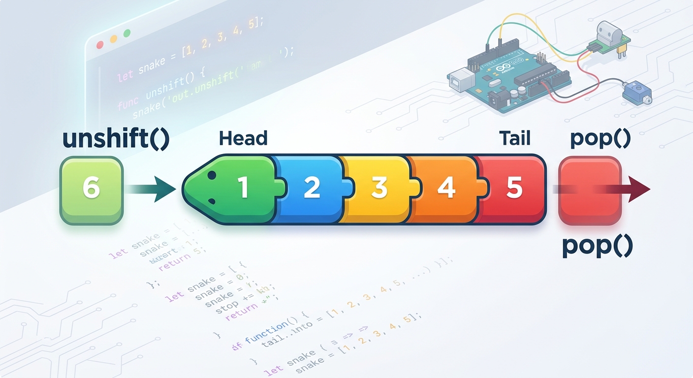 A visual diagram illustrating the 'unshift' method adding a new head block, and the 'pop' method removing the tail block to simulate movement.