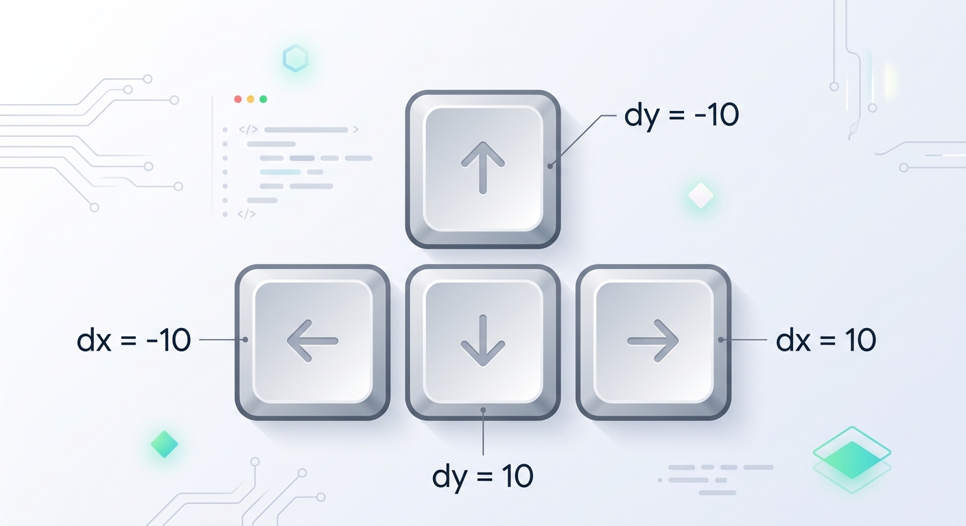 A graphic showing keyboard arrow keys mapped to changing dx and dy variables.