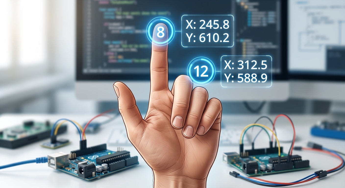 A close-up graphic of a hand showing landmark 8 on the index finger tip and landmark 12 on the middle finger tip, with X,Y coordinates printed next to them.