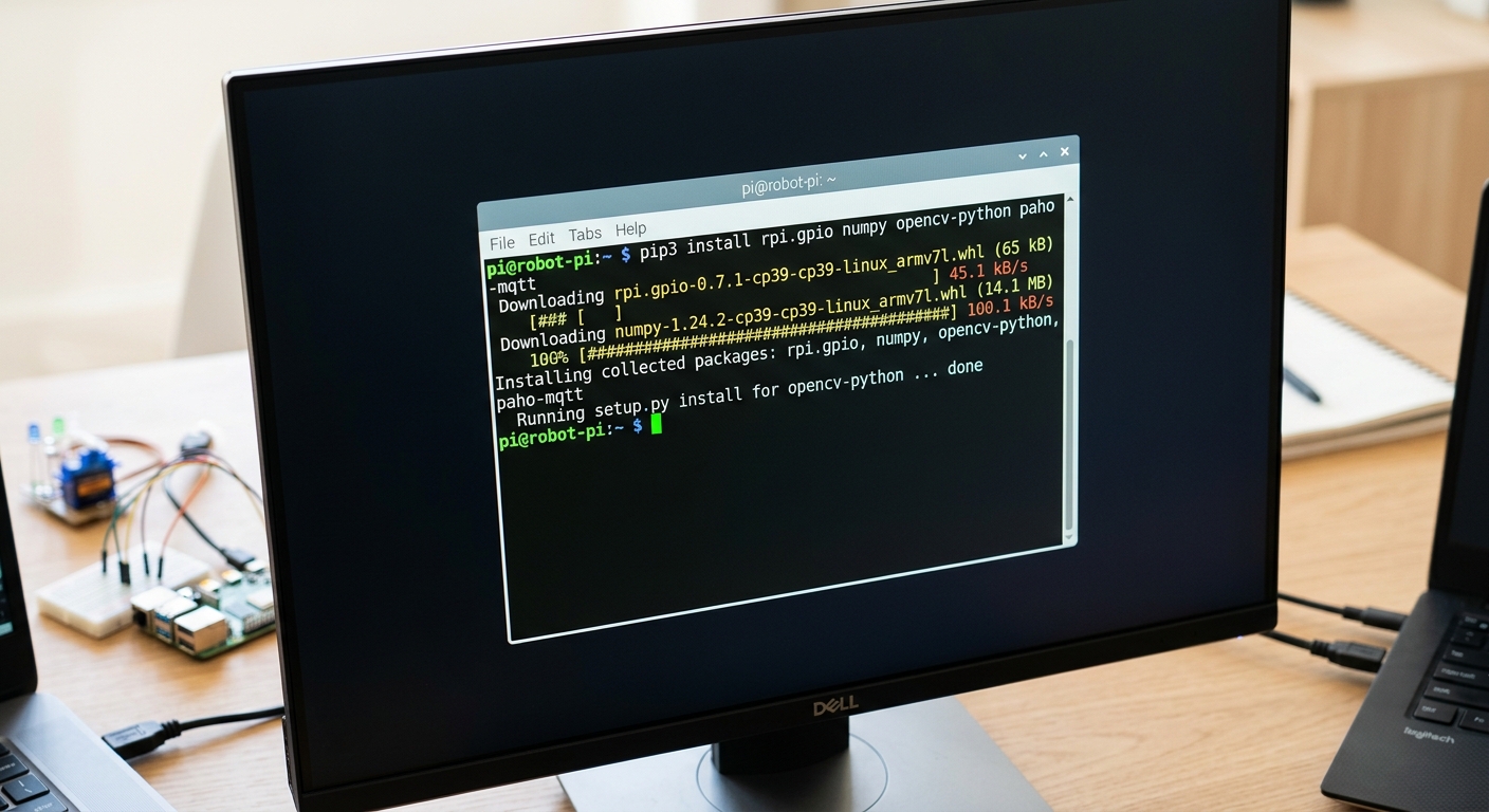 A close-up of a computer screen showing a terminal window running Python pip install commands with a dark theme background.