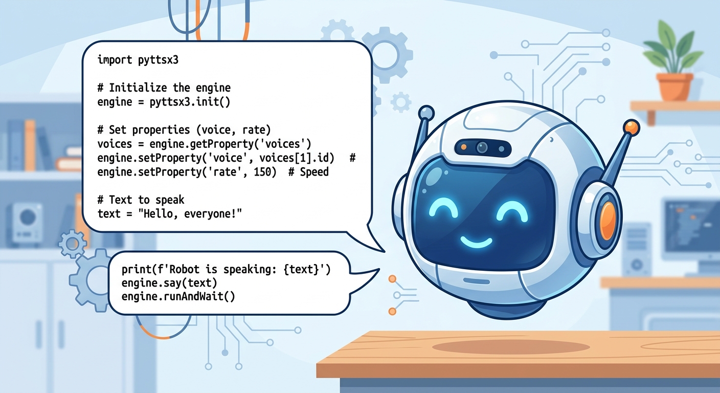 A graphical illustration showing a robot head with speech bubbles displaying Python text-to-speech code.