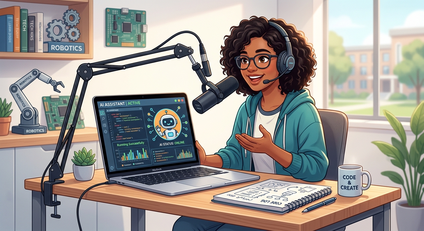 A happy student sitting at a desk with a laptop, speaking into a microphone with their newly coded smart AI assistant running successfully on the screen.