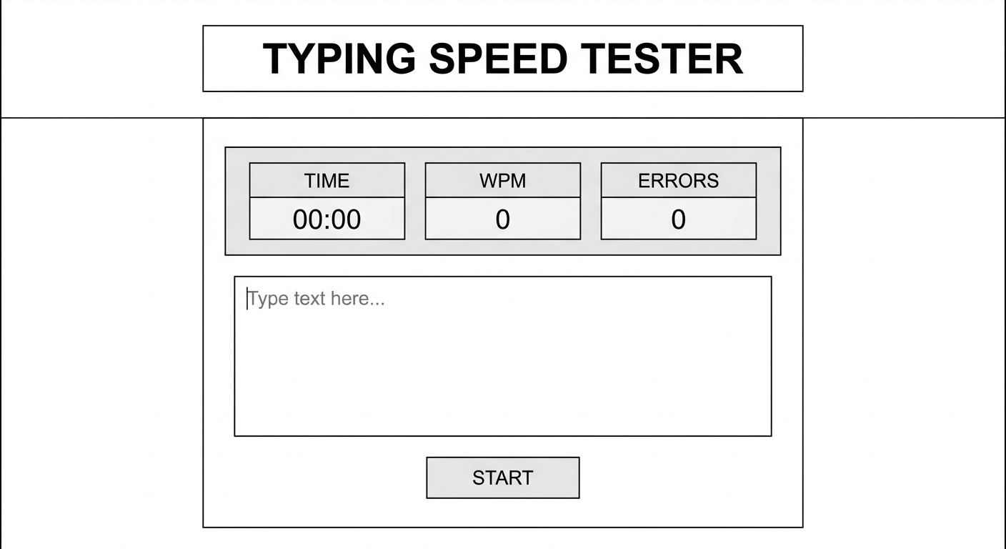 A wireframe or simple unstyled HTML text showing the title, stats dashboard, empty text box, and a start button on a plain white background