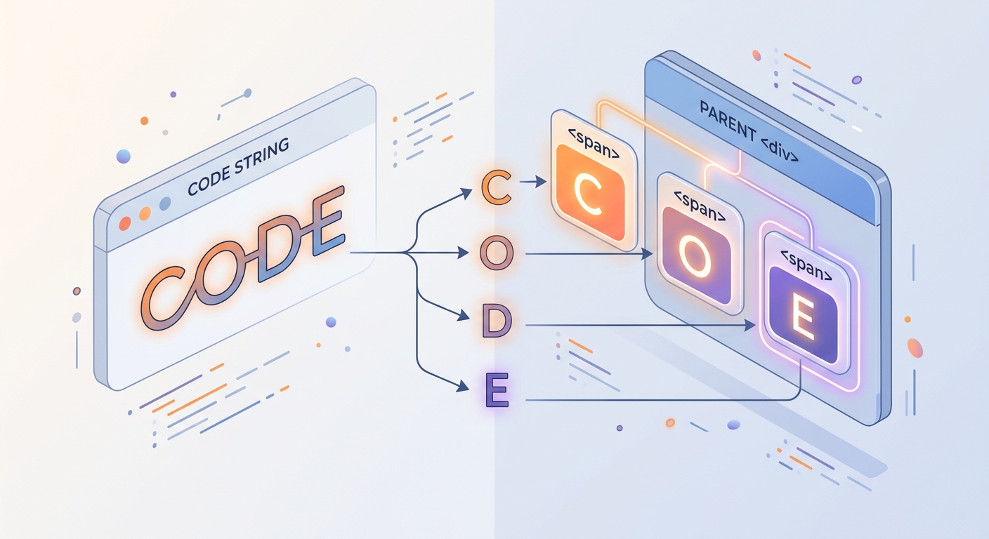 A visual representation of a string being split into individual span tags, showing 'C', 'O', 'D', 'E' as separate HTML elements