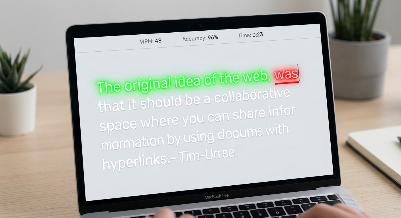 A screenshot of the app in action, showing the first few letters typed correctly in bright green, and a typo highlighted in red with an underline