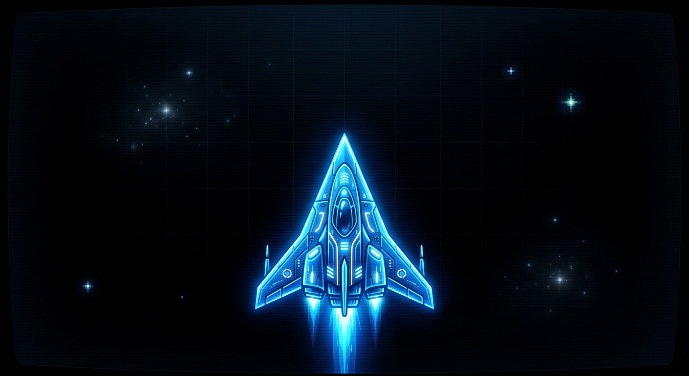 A bright blue triangular spaceship rendered at the bottom center of the black game screen.