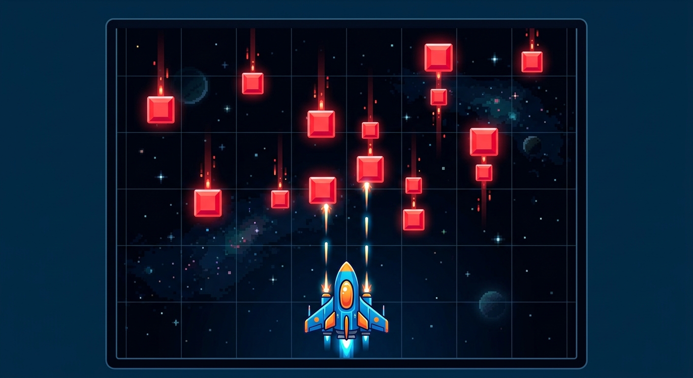 Red square asteroids of uniform size falling from the top edge of the screen downwards.