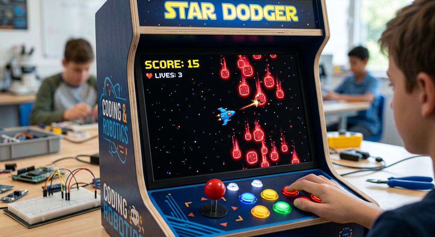 The complete game running, showing the blue spaceship moving left while dodging red asteroids, with a yellow score '15' in the corner.