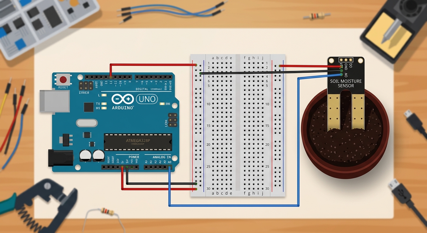 A top-down Fritzing diagram showing an Arduino Uno connected to a soil moisture sensor via a breadboard, with wires clearly going to the 5V, GND, and A0 pins.