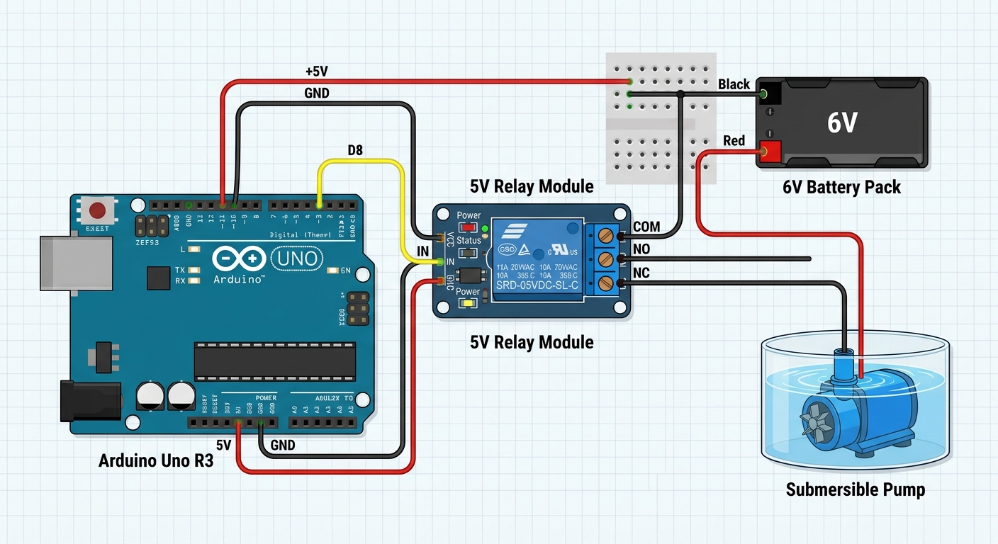 A wiring schematic showing the Arduino connected to a 5V relay module on Pin 8, and the relay acting as a switch between an external battery and the mini water pump.