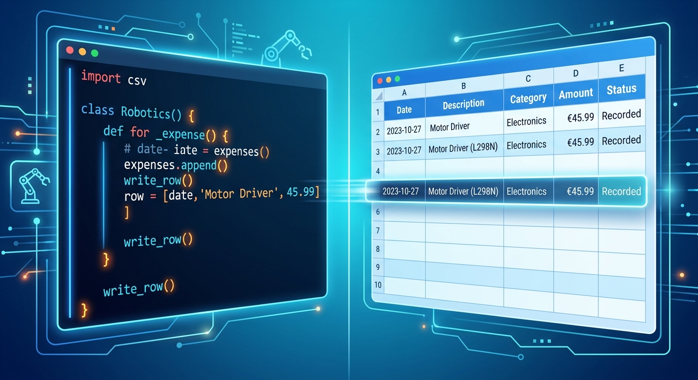 A split screen showing Python code on the left and a representation of data being added as a new row to a spreadsheet on the right.