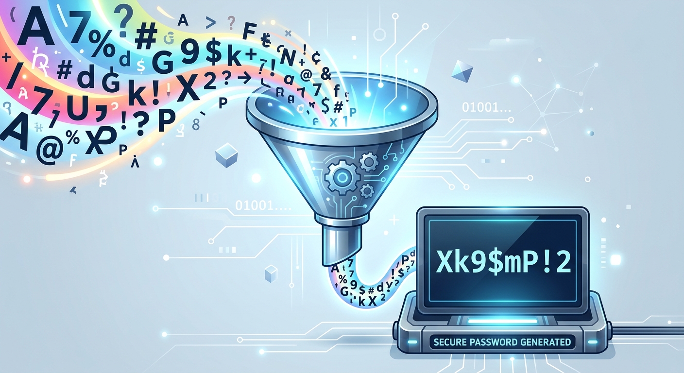 A conceptual graphic showing letters, numbers, and symbols swirling into a funnel and coming out as a secure password string like 