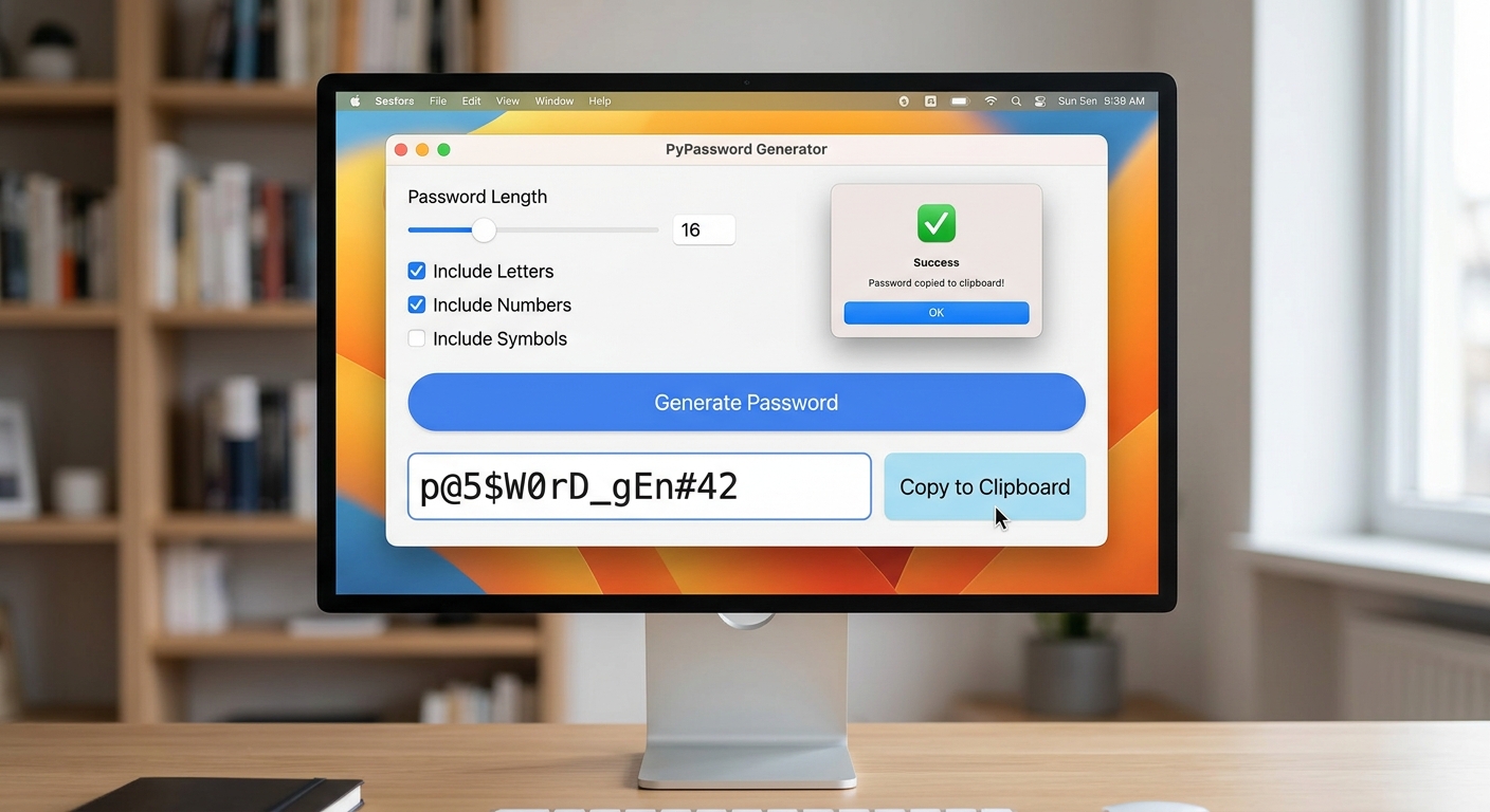 A screenshot of the fully completed application showing the Generate button, the password output box, the blue 