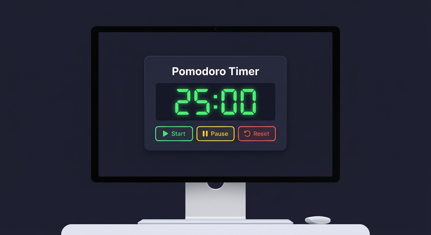 A screenshot of the styled dark-themed Pomodoro timer with a central clock display, sleek typography, and three colorful control buttons.