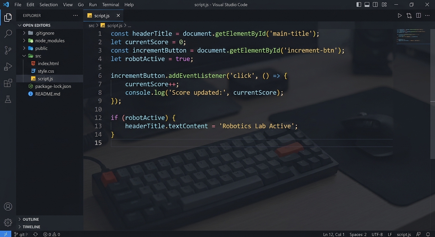 A screenshot showing a VS Code editor with JavaScript variable declarations and Document Object Model (DOM) element selections.