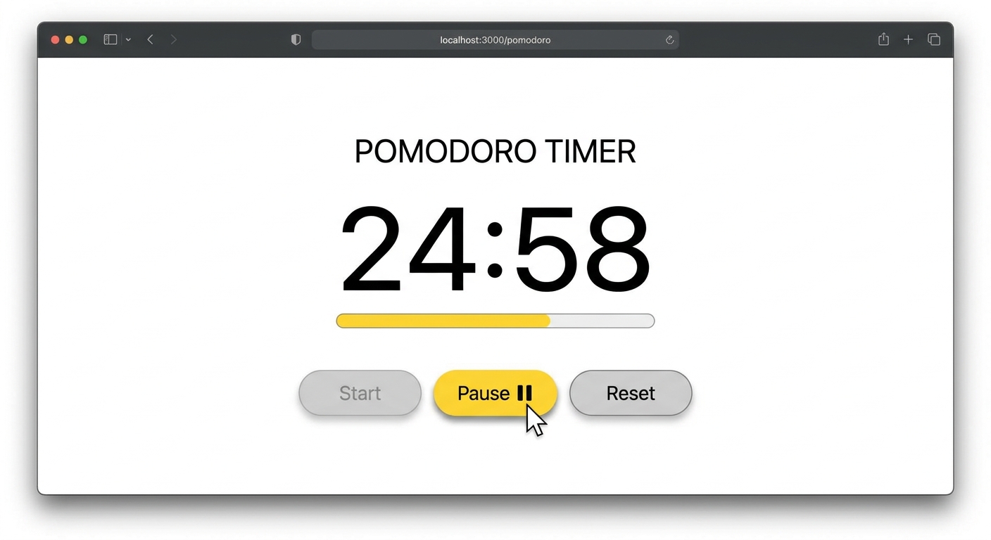 A screenshot showing the fully functional Pomodoro timer counting down to 24:58, with the user clicking the start button.