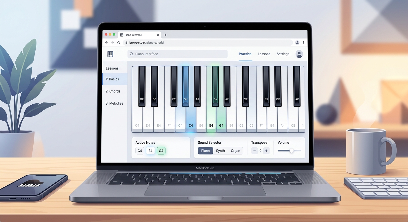 A beautiful, modern digital piano interface on a web browser showing black and white keys, UI/UX design illustration.