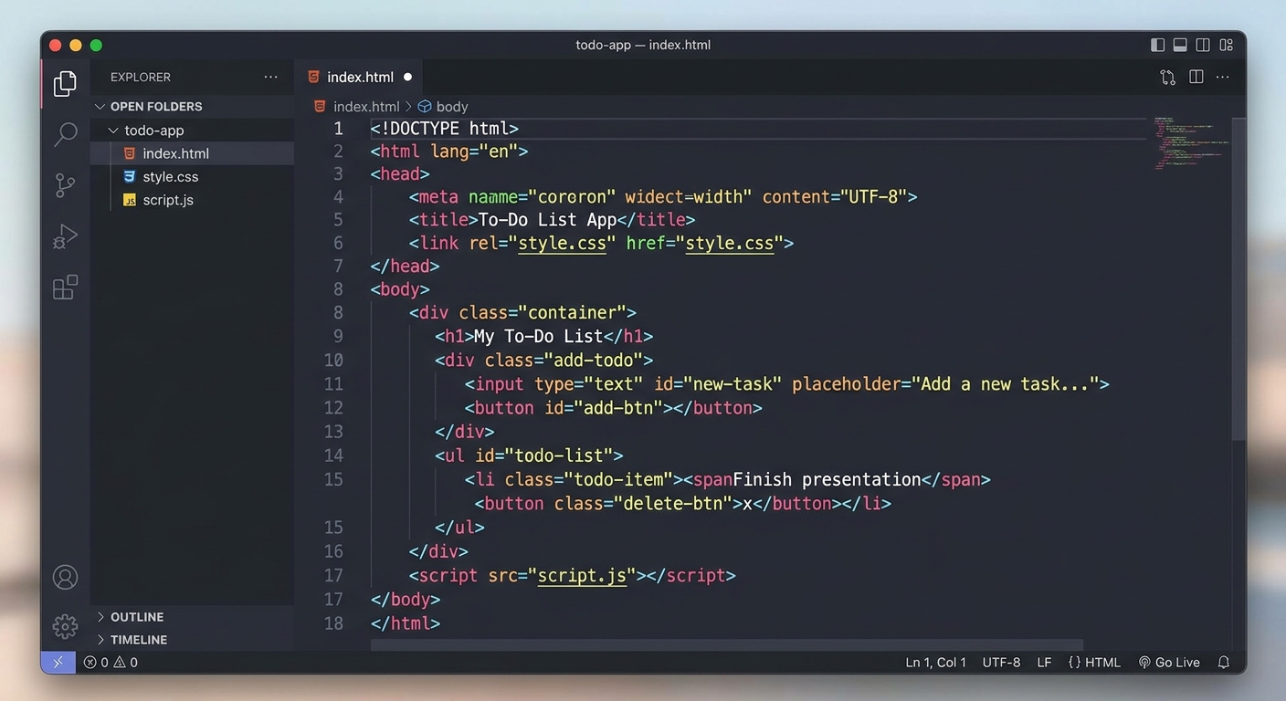 A screenshot of a code editor showing the basic HTML structure for a to-do list app, with the file explorer visible on the left.