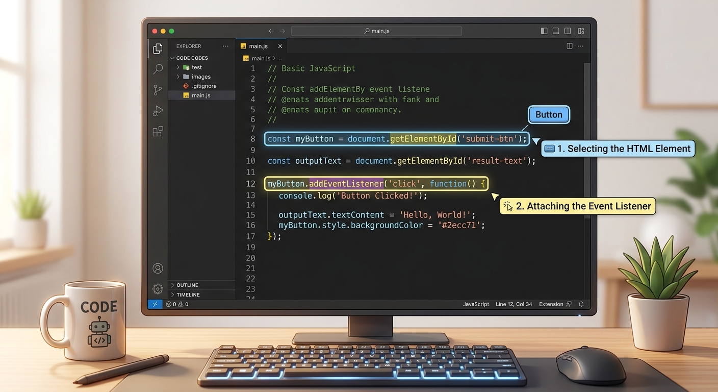 A screenshot of the JavaScript code highlighting the use of document.getElementById to select HTML elements.