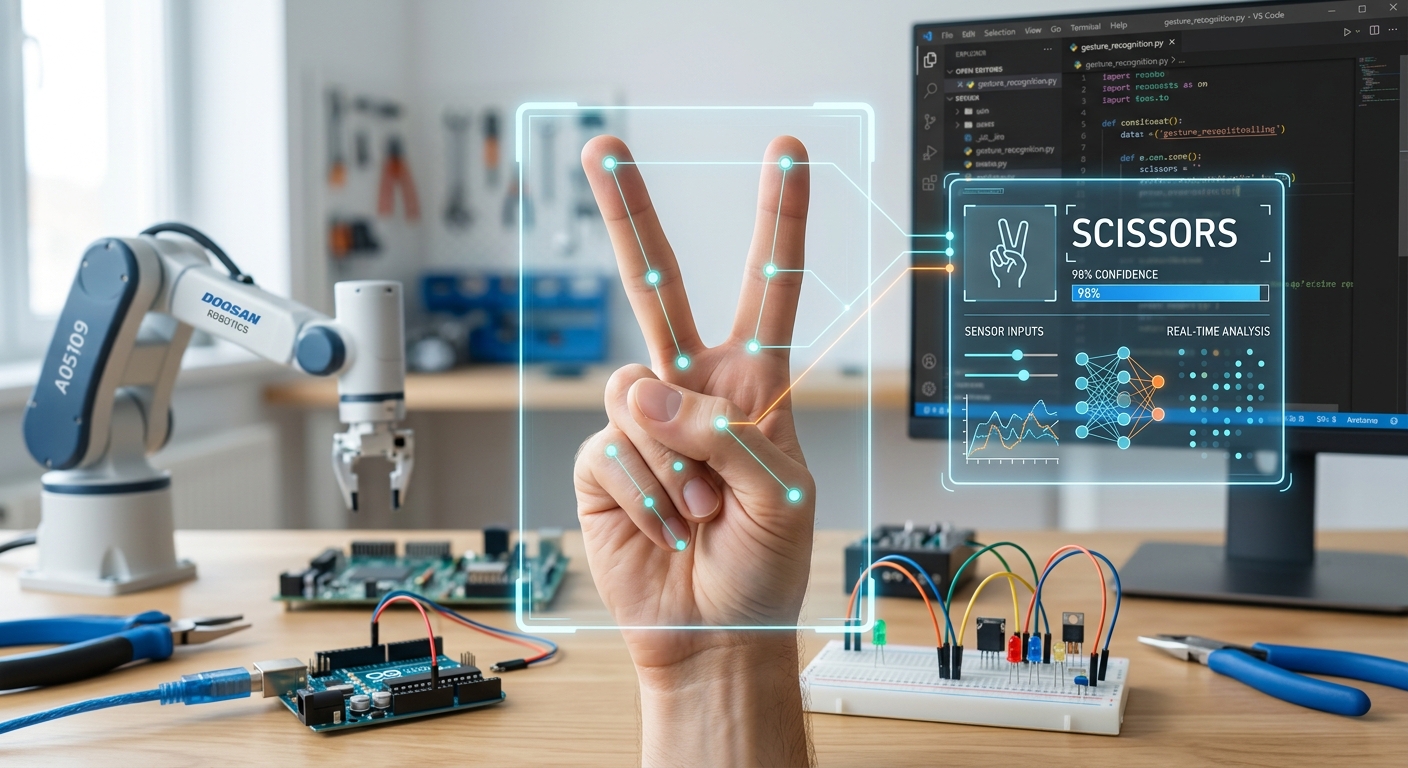 A close-up diagram or screenshot showing a hand making a 'Scissors' gesture with an AI overlay classifying it as Scissors.