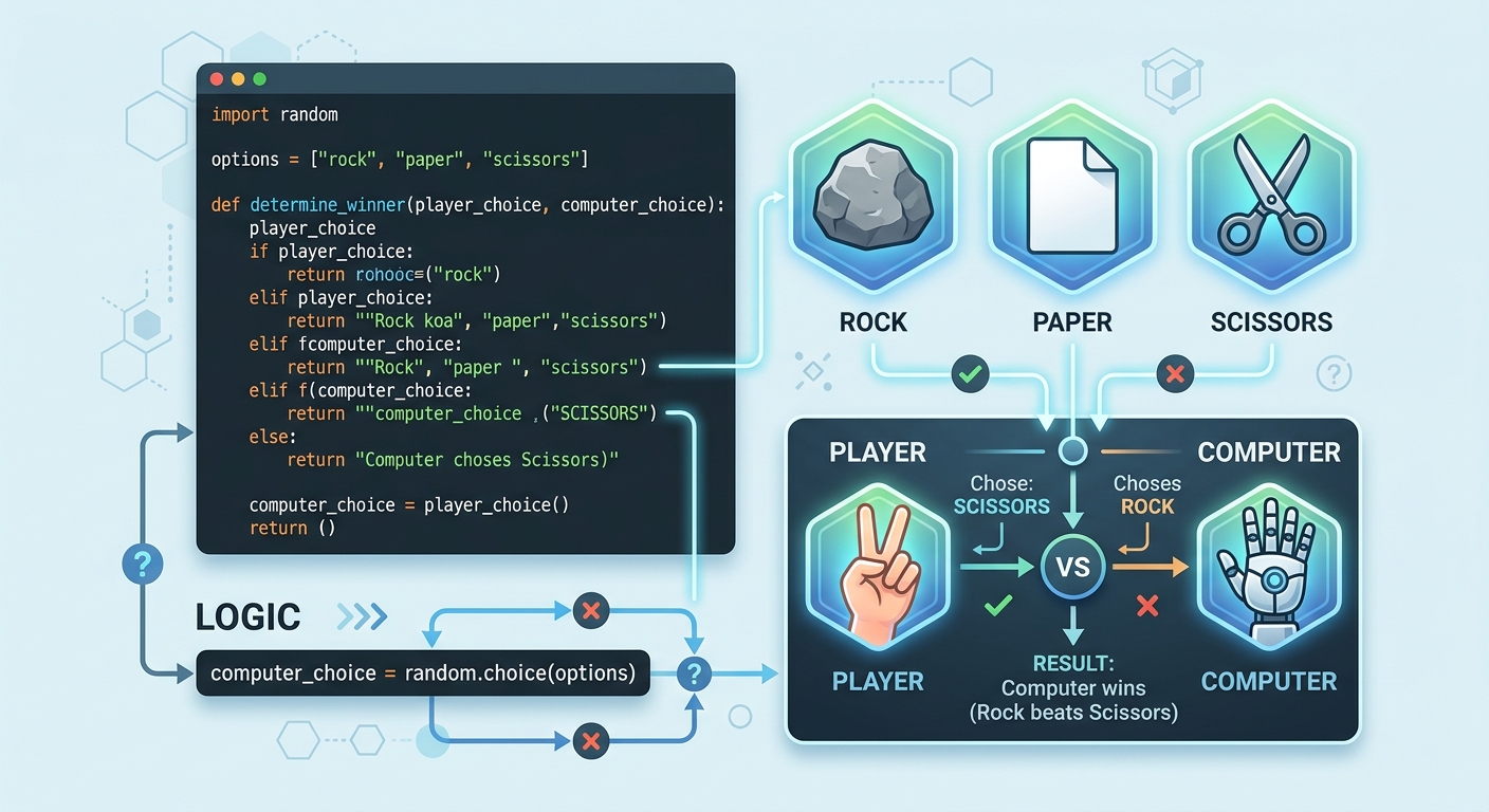 A visual representation showing game logic: a Python code snippet alongside icons of rock, paper, and scissors.