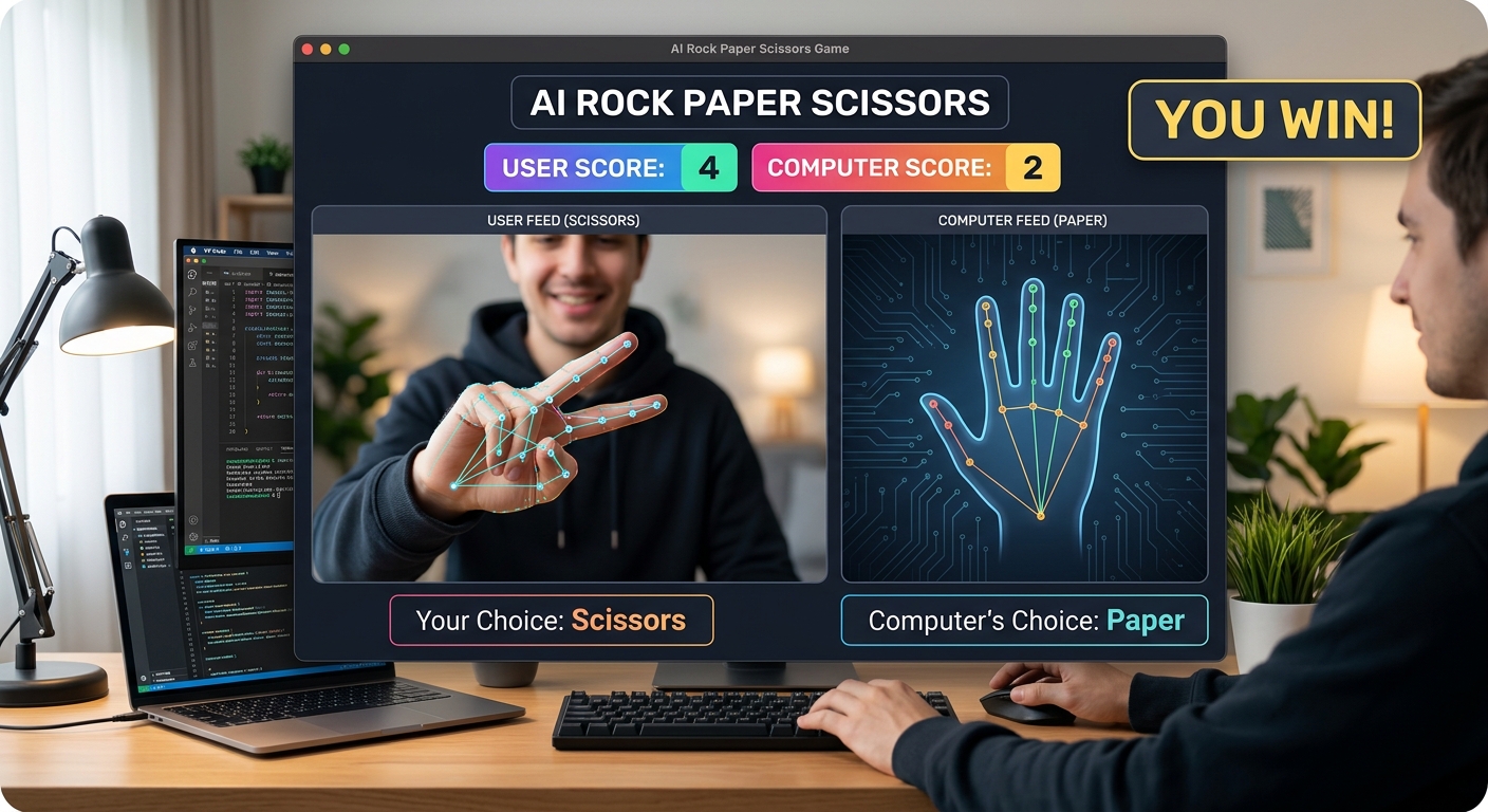 A complete screenshot of the working AI Rock Paper Scissors game showing the webcam feed, the digital hand landmarks, user score, computer score, and a 'You Win!' text overlay.
