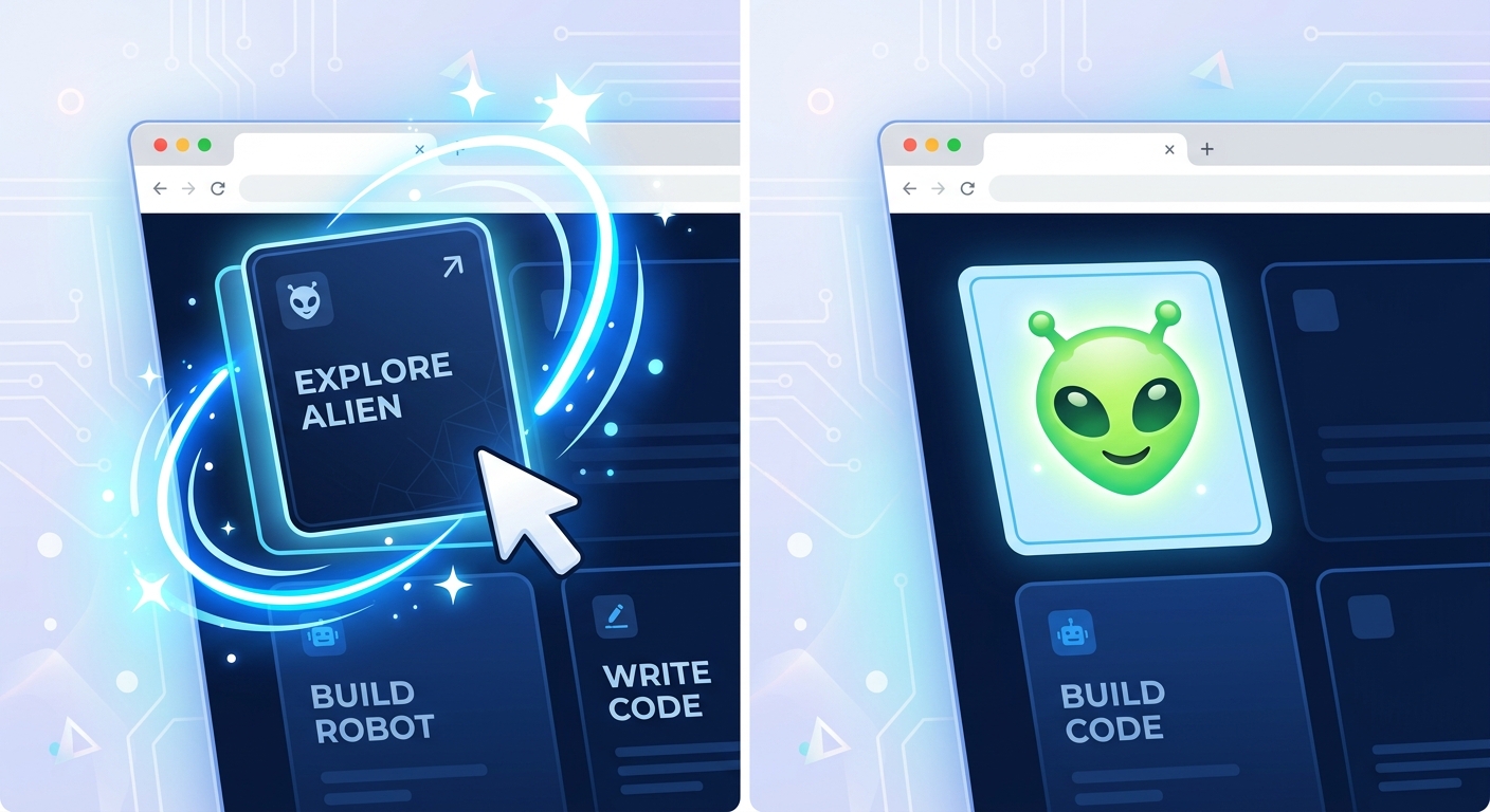 A split screen showing the JavaScript click event code and a card animating its flip on the web browser.