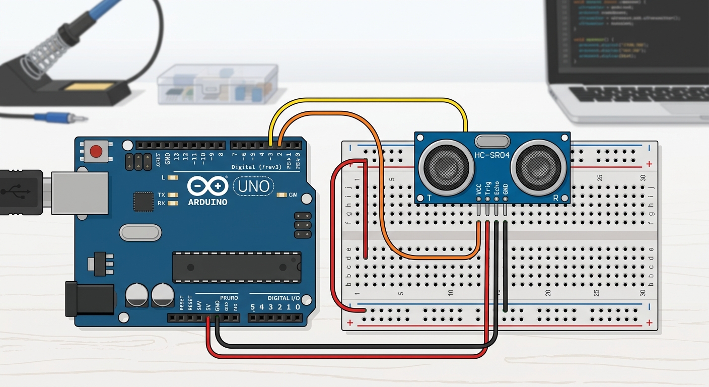 A clear circuit diagram showing an Arduino Uno connected to an HC-SR04 ultrasonic sensor via breadboard.