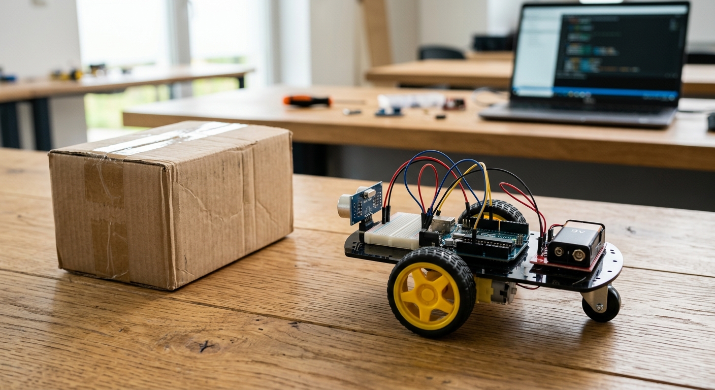 A photo of the fully assembled robot on a floor, facing a cardboard box or wall obstacle.
