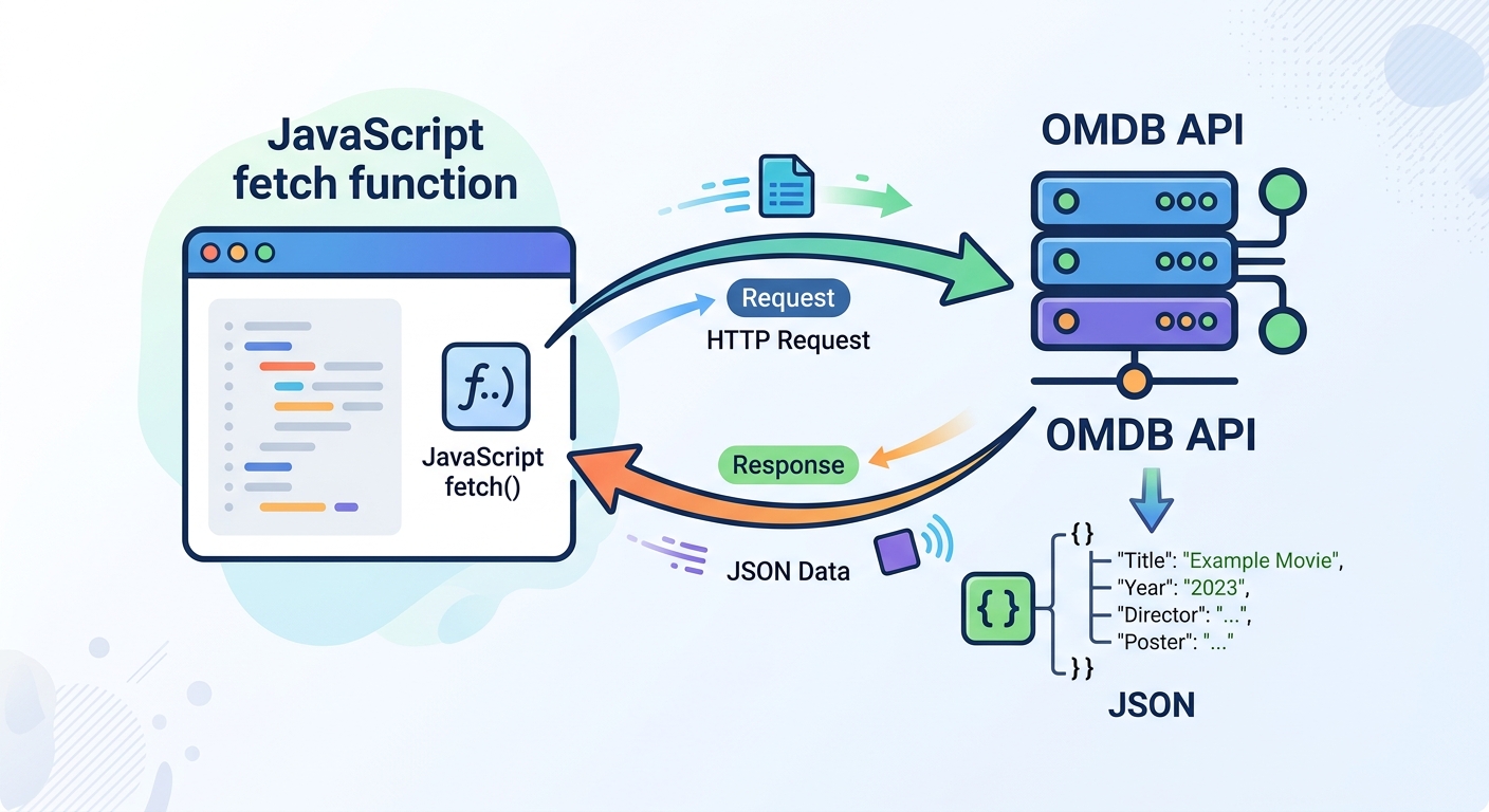 A visual diagram explaining how the JavaScript fetch function sends a request to the OMDB API and receives a JSON response.